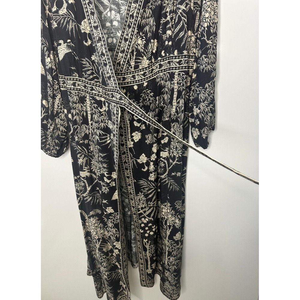 NWT H&M Long Sleeved Wrap Dress Tie Waist Black Cream Floral Print Midi Maxi XL - Picture 6 of 12